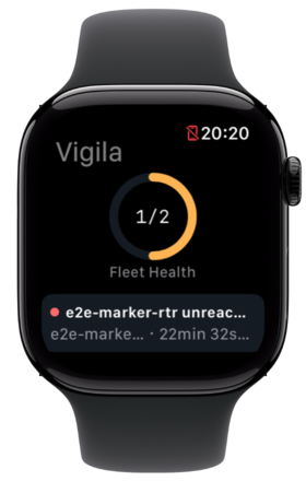 Vigila on Apple Watch — fleet health ring showing 1 of 2 routers healthy